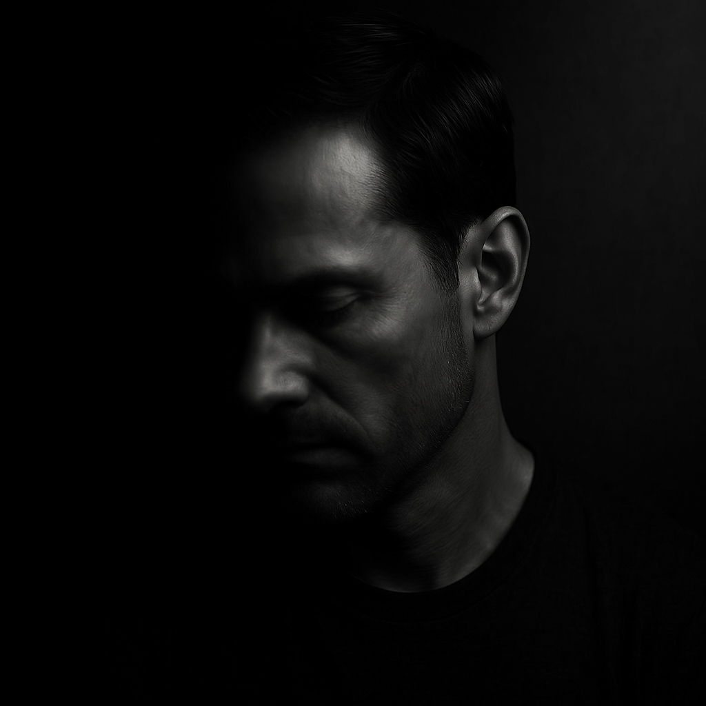 Low-key black and white portrait of Wanderer